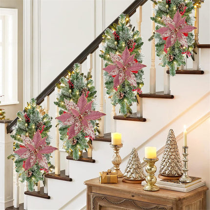 Briful 12'' Large Heads Christmas Glitter Poinsettia Flowers Christmas Tree Ornaments Set of 4 Artificial Flowers with Long Stems for Xmas Tree Party DIY Holiday Decorations, Pink