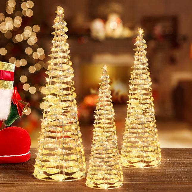 Set of 3 Christmas Cone Tree Lighted, Outdoor Small Artificial Christmas Tree with 70 LED Light, Glittered Tabletop Xmas Tree for Indoor Ornaments