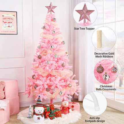 6ft Pink Artificial Christmas Tree: with Christmas Tree Balls Ornaments Shatterproof Xmas Bulbs & Decorative Mesh Ribbbon - Foldable Stand - Holiday Decoration for Party Indoor Home Xmas Tree Decor