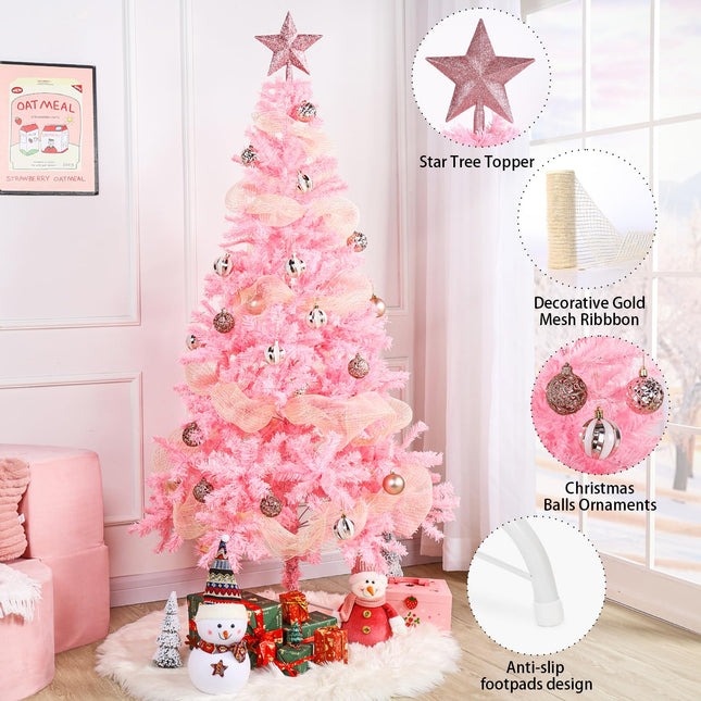 6ft Pink Artificial Christmas Tree: with Christmas Tree Balls Ornaments Shatterproof Xmas Bulbs & Decorative Mesh Ribbbon - Foldable Stand - Holiday Decoration for Party Indoor Home Xmas Tree Decor