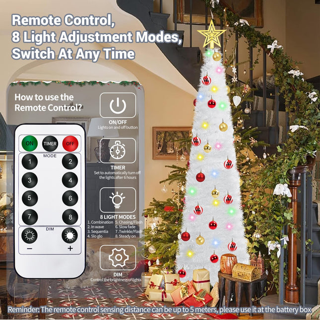 5 Ft Prelit Tinsel Pop Up Christmas Tree with 8 Light Adjustment Modes 50 Remote Color Lights Battery Operated, Pencil Artificial Slim Tree Xmas Decoration Home Party Indoor Outdoor