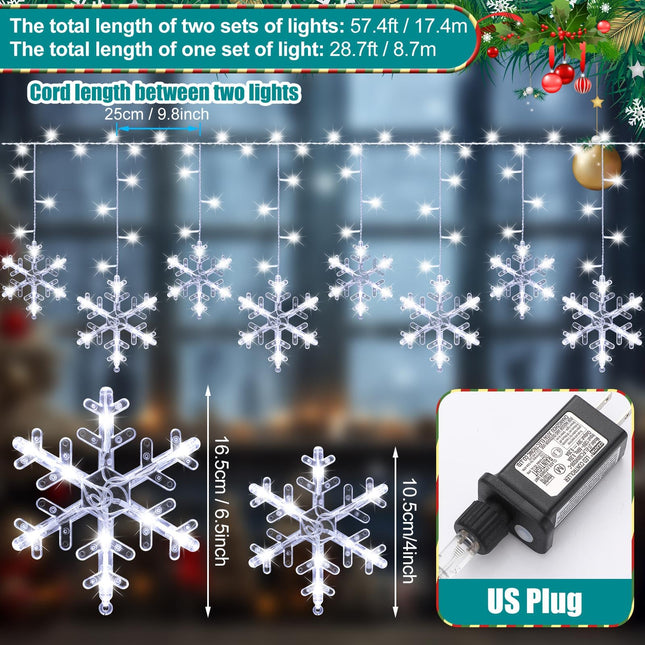 2 Pcs Christmas Snowflake Lights Outdoor, 57.4ft 864 LED Snowflake Light with 72 Drops, 8 Mode and Timer Waterproof Connectable Snowflake String Light for Window Eave Yard, Each 28.7ft 432 LED