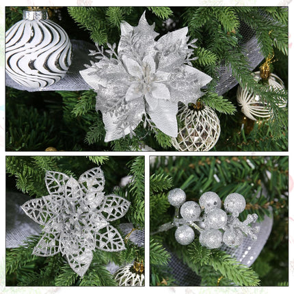 Sliver Christmas Flowers Artificial, 28 Pack sliver Poinsettia Artificial Christmas Flowers and Berry Stems for Christmas Tree decorations Xmas home Decor for Wreath Holiday Party indoor outdoor