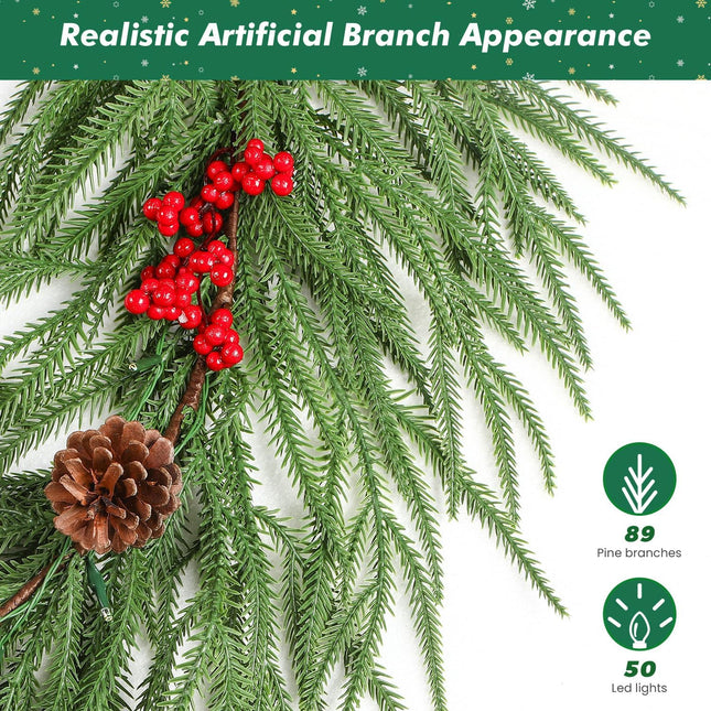 9FT Christmas Garland Prelit Faux Decorations, Realistic Green Norfolk Pine Garland with Lights Battery Operated for Mantle Stairs Railing Fireplace Table Indoor Xmas Decor, 9FT