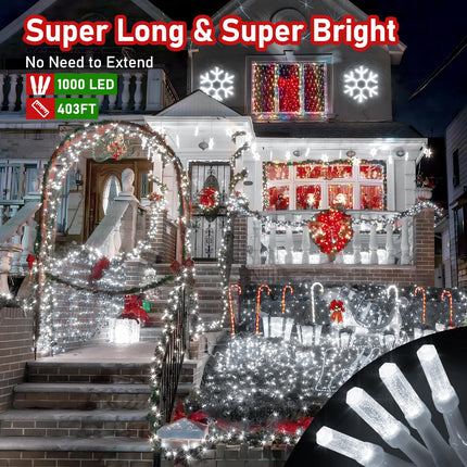 XURISEN d 403FT 1000 LED Christmas Lights Outdoor, Super Long String Lights 8 Modes & Memory Timer Plug in Fairy Lights for Home Xmas Tree Party Wedding Decor -Cool White