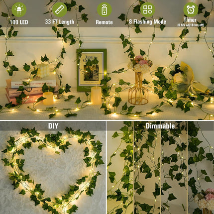 Ivy Vines with Fairy Lights Battery Operated - 100 LED Vine Lights for Bedroom with Remote, 33ft Leaf Lights for Wall Bathroom Christmas Garland Wedding Party Room Decor (Warm White)