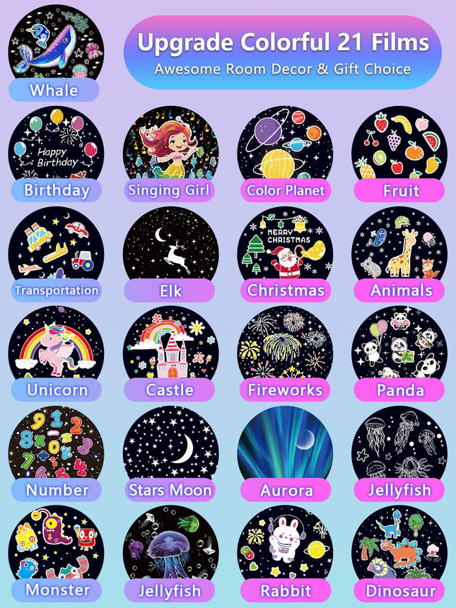 Projector Night Light for Kids + 21 Sets of Films, Baby Night Light Projector for Bedroom, Ceiling, Kids Star Galaxy Projector with 360° Rotation for Baby Girls Boys, Christmas, Nursery, Room Decor