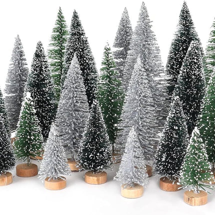 Mini Christmas Tree Christmas Decorations 30Pcs - Bottle Brush Christmas Trees with 5 Sizes, Miniature Pine Trees with Wooden Base for Christmas Party Home Table Craft Decor (Silver+Green+DarkGreen)