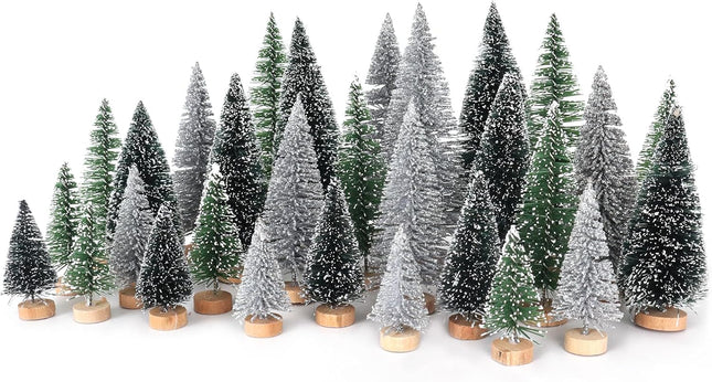 Mini Christmas Tree Christmas Decorations 30Pcs - Bottle Brush Christmas Trees with 5 Sizes, Miniature Pine Trees with Wooden Base for Christmas Party Home Table Craft Decor (Silver+Green+DarkGreen)