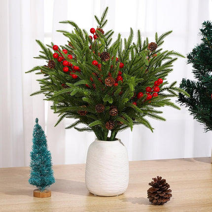 16 Pcs Christmas Norfolk Pine Branches with Red Berry Stems, Including 8 Pcs 18" Christmas Artificial Pine Branches 8 Pcs 8" Red Berry Stems for Xmas DIY Craft Outdoor