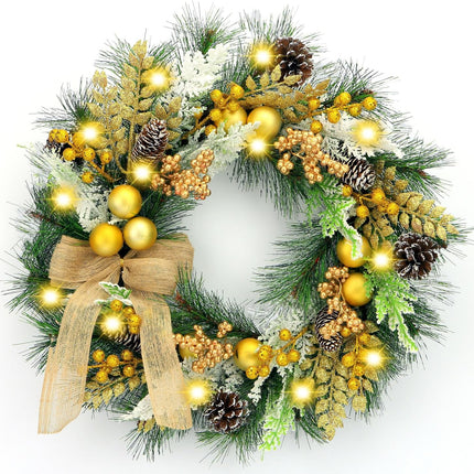 Large Christmas Wreath with Lights, 22 Inch Battery Operated Pre lit Gold Christmas Wreaths and Garland for Front Door Outdoor Indoor Windows Kitchen cabinets Car Pine Wreath Decor