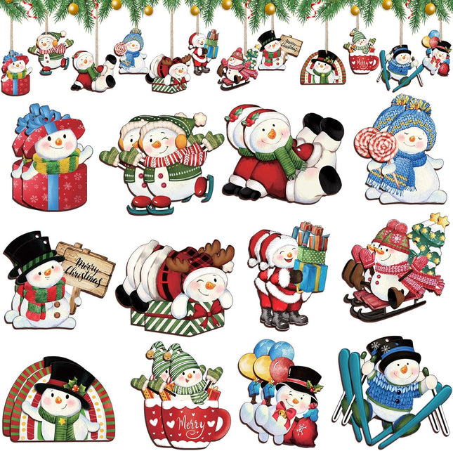 24 Pieces Christmas Winter Snowman Wood Ornaments Vintage Farmhouse Xmas Tree Wood Snowman Hanging Cutouts Hanging Boho Rainbow Decor for Merry Christmas Xmas Winter Holiday Party Decorations