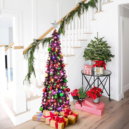 N&T NIETING Pop Up Christmas Tree with Lights & 30 Balls, 5Ft Collapsible Purple Tinsel Christmas Tree Decorations, Pencil Christmas Tree Skinny Christmas Tree for Holiday Xmas Home Office Decor