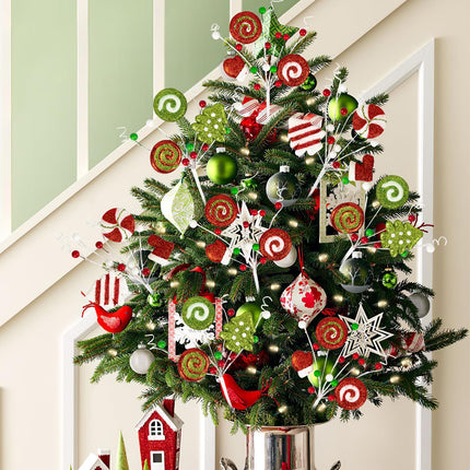 Christmas Tree Picks Candy and Lollipop Pick for Christmas Tree Filler Decoration,Red Green and White Glitter Christmas Pick for Tree Topper Wreath Vase Home Holiday Decorations(6 Pieces,14 inches)