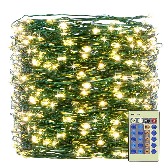 Outdoor Indoor String Lights Christmas 300LED Warm White Fairy Lights 99ft Green Wire Dimmable with Remote Control, Waterproof Fairy Light for DIY Christmas Tree Bedroom Patio Party Decor