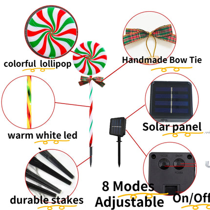 Christmas Solar Lollipop Pathway Lights 5 Pack Outdoor Candy Cane Stake Light with Bow Waterproof Walkway Xmas Outsides Garden Yard Lighting Landscape Decorative Decoration