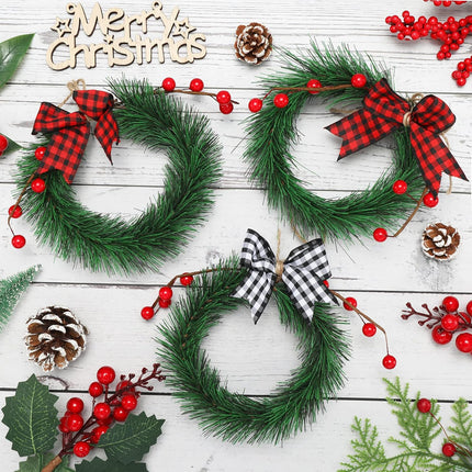 Whaline 8Pcs Mini Christmas Wreath with 8Pcs Mini Plaid Bows Christmas Pine Wreaths Black White Red Bow Christmas Hanging Ornaments for Christmas Tree Window Wall Door Holiday Festival Decoration