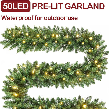9FT Prelit Christmas Garland Artificial Pine Garland Decoration 50LED Battery Operated Warm Lights and Timer Xmas Garlands Decor Indoor Outdoor (1)