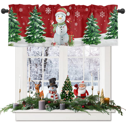 ALAGEO Christmas Snowman Valances Windows Curtain Xmas Tree Kitchen Valances Rod Pocket White Snowflake Red Background Short Topper Curtains for Holiday Christmas Decorations 1 Panel,54 by 18 inches