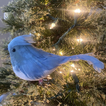 12pcs Artificial Blue Christmas Ornaments with Clip and Real Birds Tail Feathers,Light Blue Bird Feather Craft Decoration for Christmas Tree Decor