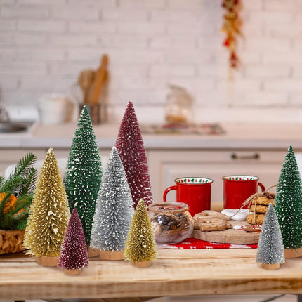 Whaline 16Pcs Artificial Mini Christmas Tree Snow Frosted Trees Red Green Gold Silver Bottle Brush Tree Desktop Mini Pine Tree with Wood Base for Christmas Home Office Tabletop Crafts, 3 Sizes
