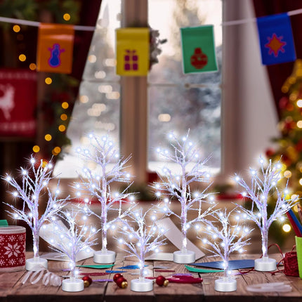 7 Pcs LED Christmas Trees White Birch for Table Decor Artificial Christmas Village with String Light Christmas Decorations for Fall Home, Bedroom, Office, Living Room, Wedding Decor