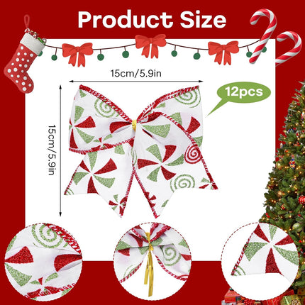 12 Pcs Red Green Christmas Bows, 5.9“ Christmas Tree Candy Wreaths Bows, Xmas Elf Tree Dot Bows Peppermint Garland Ribbon Ornaments Santa Decorations for Home Party Crafts Wrap(White)
