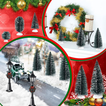 16 Pieces Christmas Village Accessories Set Frosted Christmas Pine Trees and Mini Street Lamp Post Bottle Brush Trees Miniature Village Trees for DIY Crafts Xmas Winter Holiday Decorations