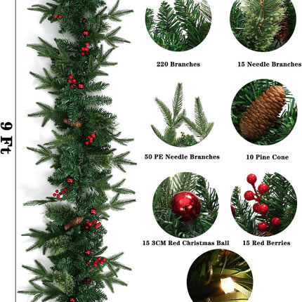 9 Ft Pre-Lit Christmas Decorations Garland with 50 Lights, Holiday PE Mixed Garland with Pine Cone Red Berry Christmas Ball Garlands for Indoor Home Holiday Year Xmas Decorations