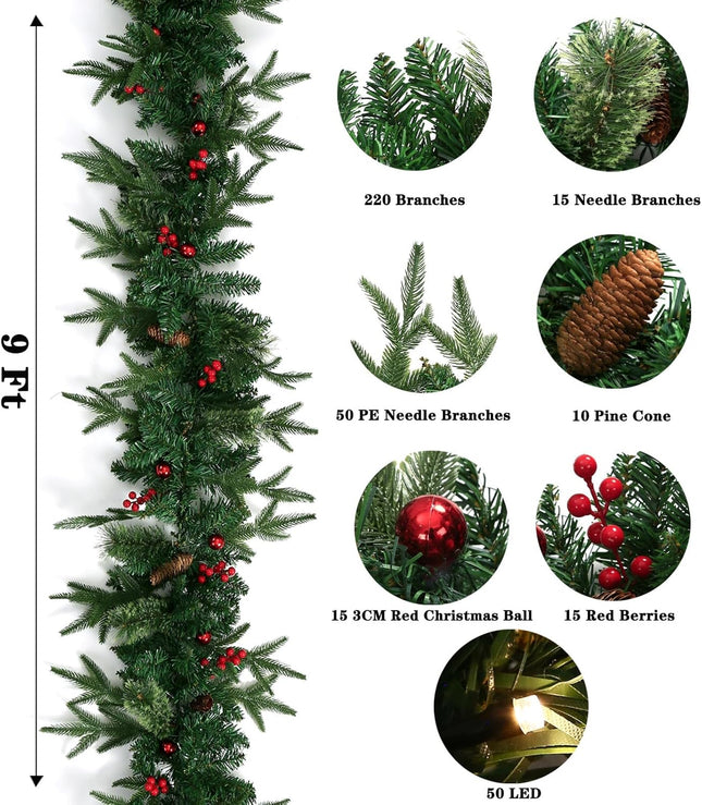 9 Ft Pre-Lit Christmas Decorations Garland with 50 Lights, Holiday PE Mixed Garland with Pine Cone Red Berry Christmas Ball Garlands for Indoor Home Holiday Year Xmas Decorations