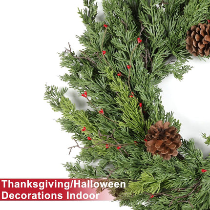 Real Touch Norfolk Pine Christmas Wreath 24 Inch Christmas Wreaths for Front Door Winter Wreath Faux Outdoor Wreaths Christmas Decorations Indoor Outside Window Home Holiday Thanksgiving Green