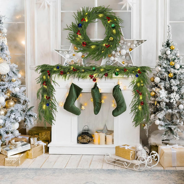 2 Pcs Artificial Norfolk Pine Garlands, Real Touch Winter Pine Garland with Berries, Decorative Balls and LED Light, for Table, Mantle, Wall, Indoor, Outdoor Christmas Decorations (2, 6 FT)