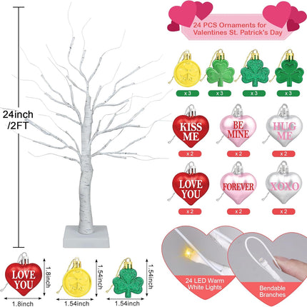 [Timer] Valentines Day Decor 24" Lighted Birch Tree with 24pcs Heart Shamrock Ornaments for Valentine's Day, St. Patrick's Day, USB/Battery Operated Valentines Tree Decorations for Home Table Bedroom