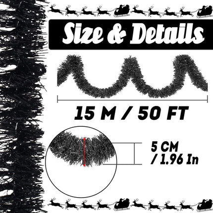 50 Feet Christmas Foil Fringe Garland Metallic Tassle Banner Wall Hanging Tinsel Streamers Backdrop for Parade Floats, Thanksgiving, Birthday, Halloween Party Decorations(2" x 50', Black)