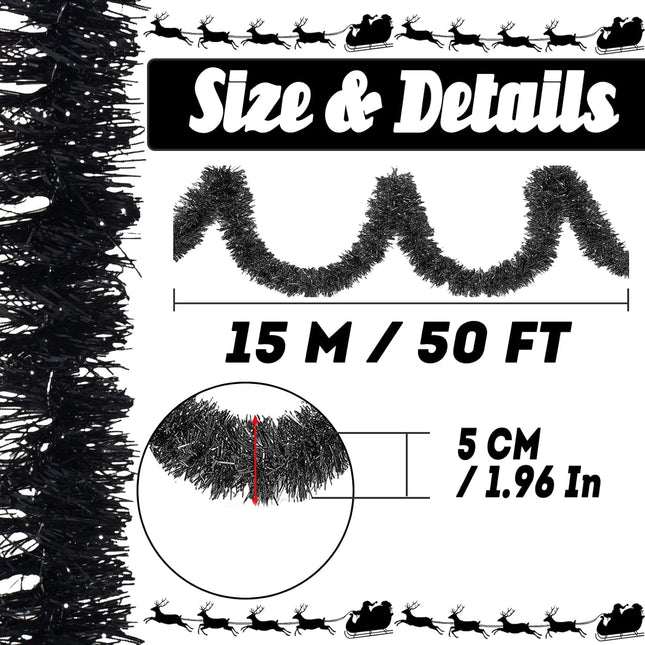 50 Feet Christmas Foil Fringe Garland Metallic Tassle Banner Wall Hanging Tinsel Streamers Backdrop for Parade Floats, Thanksgiving, Birthday, Halloween Party Decorations(2" x 50', Black)