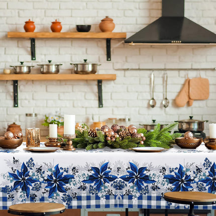Peryiter Blue and White Christmas Tablecloth Blue Poinsettia Christmas Tablecloth Decorations Winter Reusable Xmas Plaid Bordered Fabric Table Cloth for Christmas Party(60 x 102 Inch)