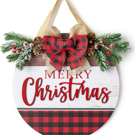 Christmas Sign for Front Door Wall Decor - Walasis Merry Christmas Signs Hanging for Indoor with Buffalo Plaid Bow Farmhouse 12 inch Red Xmas Wreath Hanger Decorations
