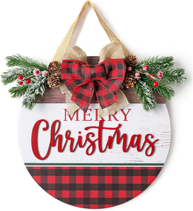 Christmas Sign for Front Door Wall Decor - Walasis Merry Christmas Signs Hanging for Indoor with Buffalo Plaid Bow Farmhouse 12 inch Red Xmas Wreath Hanger Decorations