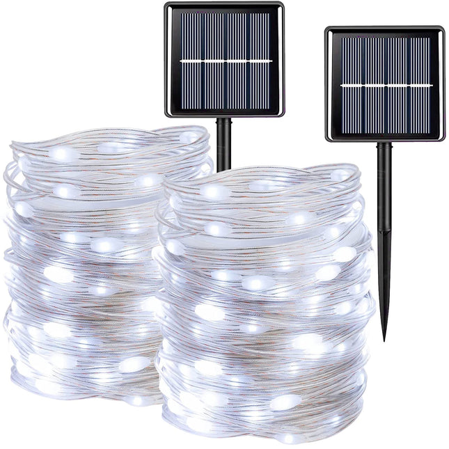QITONG 2 Pack d PVC Solar Fairy Lights, Each 33ft 100 LED White Solar Christmas Lights Outdoor Waterproof, 8 Modes White Solar Lights Outdoor Waterproof