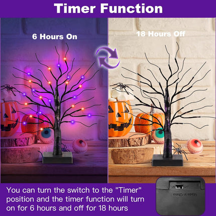 2 Pack 24 Inch Black Halloween Tree with 24 LED Orange Purple Lights, USB/Battery Operated Halloween Table Decorations Tree Light with Timer, Scary Halloween Decorations Indoor for Home Party Decor
