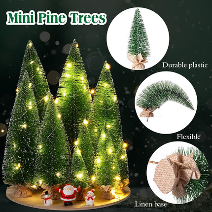 10 Pcs Artificial Mini Christmas Trees 5 Size Bottle Brush Pine Trees Christmas Village Decorations with Santa Snowmen Ornament and LED Light String for DIY Craft Tabletop Desk Display