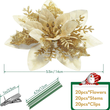 Serwalin 20pcs Christmas Flowers Artificial Gold Poinsettia Flowers Decorations with Clips Stems 14cm/5.5in Glitter Christmas Tree Ornaments Xmas Wedding Party Wreath Garlands DIY