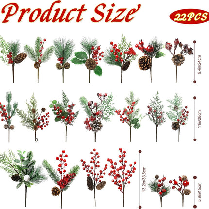 22 Pcs Large Artificial Christmas Tree Picks, Assorted 20 Kinds Red Berry Picks Stem Faux Pine Branches Flower Pick with Pinecones Apples Holly Leaves for Winter Holiday Season Home Decor