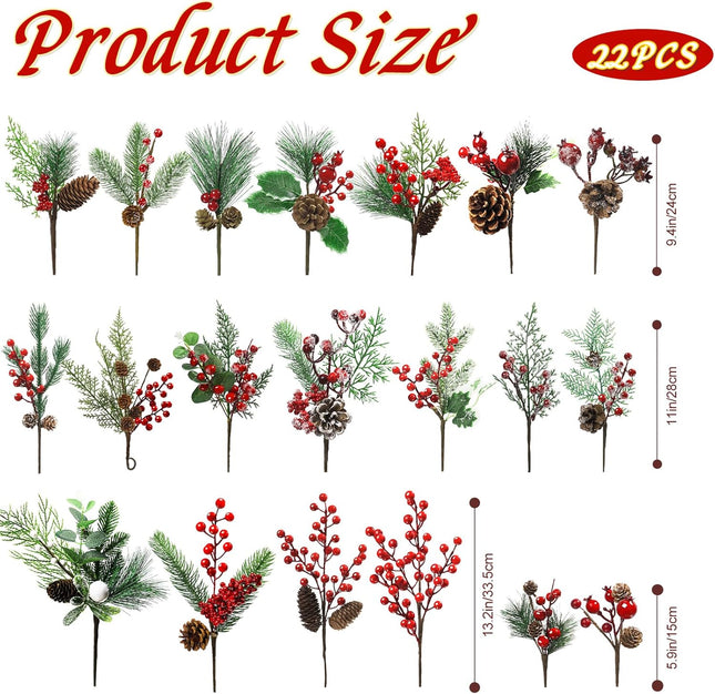 22 Pcs Large Artificial Christmas Tree Picks, Assorted 20 Kinds Red Berry Picks Stem Faux Pine Branches Flower Pick with Pinecones Apples Holly Leaves for Winter Holiday Season Home Decor