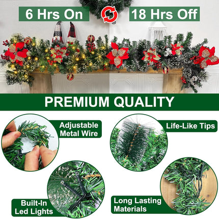 6 Ft by 10 Inch Prelit Christmas Garland with 30 Lights Timer 8 Modes 6 Poinsettia 4 Ball Ornaments 170 Branch Snowy Bristle 88 Red Berries 8 Pinecones Battery Operated Cedar Garland Home Indoor Decor