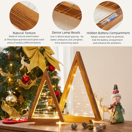 2 Pcs Wood Christmas Tree with Lights-Modern Farmhouse Christmas Wooden Tree Centerpieces for Tables Christmas Holiday Decorations Home Party Table Fireplace Mantle Shelf Decor(Brown)
