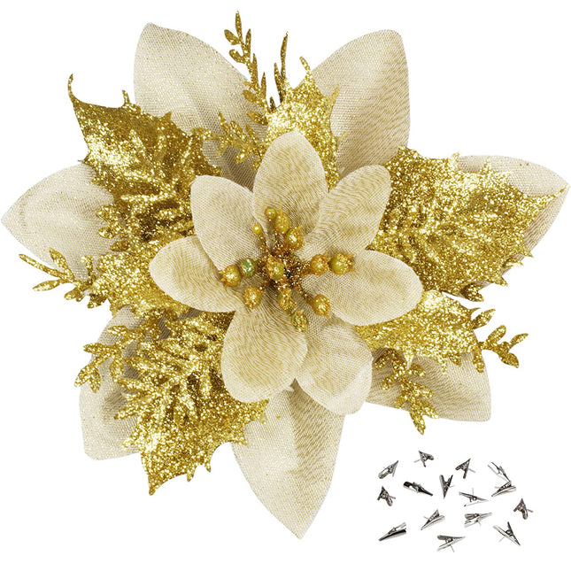 Sawowkuya 15 Pcs Gold Poinsettia Artificial Flowers Glitter Artificial Christmas Flowers Decorations with Clips for Xmas Tree Ornaments Wedding Party Wreath Decor