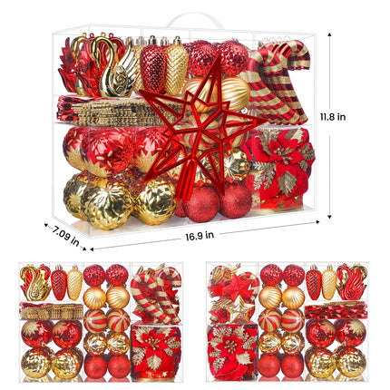 128pcs Christmas Balls Ornaments Set, Shatterproof Plastic Baubles Christmas Flowers, Ribbon and Tree Topper for Xmas Tree Holiday Wedding Party Decorations with Hanging Strings, Red and Gold