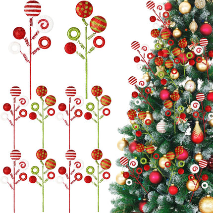 Riceshoot 10 Pack Candy and Lollipop Christmas Tree Picks for Holiday Decorations Christmas Ornament Picks Red Green White Glitter Xmas Tree Topper for Christmas Tree Wreath Decoration Holiday Craft