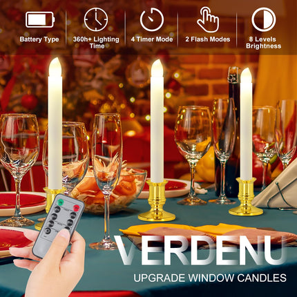 Verdenu 10 Pack Christmas Window Candles with Timer Remote, Battery Operated Window Candles with Sensor Dusk to Dawn Electric LED Candles with Holder/Suction Cups for Christmas Decorations, Gold